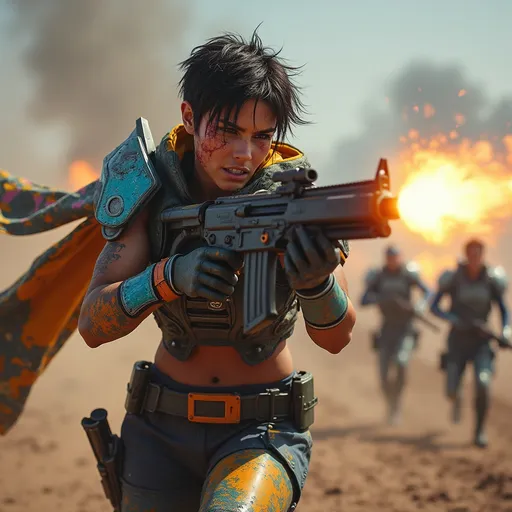 Prompt: (masterpiece), (best quality), (ultra-detailed), (photorealistic), (cinematic lighting), (sharp focus), score_9, score_8_up, score_7_up, beautiful hardened (young woman:2), fierce battle cry, intense eye contact, confident and aggressive body language, athletic muscular build, short tousled hair, smeared face paint, blood and grime from combat, minor bruises and scars, mid-charge action pose, waving her troops into battle.

leading the charge into battle, firing a futuristic energy rifle mid-stride, muzzle flash lighting her multicolored spray-painted armor—graffiti-style hues of neon blue, magenta, orange, and green layered over battle-scarred plating, custom tactical gear strapped on, exosuit enhancements lit up, cape or utility fabric whipping behind her, chaotic sci-fi battlefield around her with explosions, troops following in the blurred background, cinematic motion blur and dust clouds
