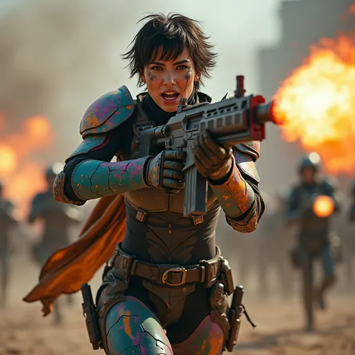 Prompt: (masterpiece), (best quality), (ultra-detailed), (photorealistic), (cinematic lighting), (sharp focus), score_9, score_8_up, score_7_up, beautiful hardened (young woman:2), fierce battle cry, intense eye contact, confident and aggressive body language, athletic muscular build, short tousled hair, smeared face paint, blood and grime from combat, minor bruises and scars, mid-charge action pose, waving her troops into battle.

leading the charge into battle, firing a futuristic energy rifle mid-stride, muzzle flash lighting her multicolored spray-painted armor—graffiti-style hues of neon blue, magenta, orange, and green layered over battle-scarred plating, custom tactical gear strapped on, exosuit enhancements lit up, cape or utility fabric whipping behind her, chaotic sci-fi battlefield around her with explosions, troops following in the blurred background, cinematic motion blur and dust clouds
