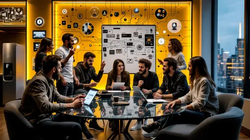 Prompt: Diverse group of people in a group discussing technology, Internet. Colors include yellow, black and gray, adults, casual. Abstract technology, technical. 