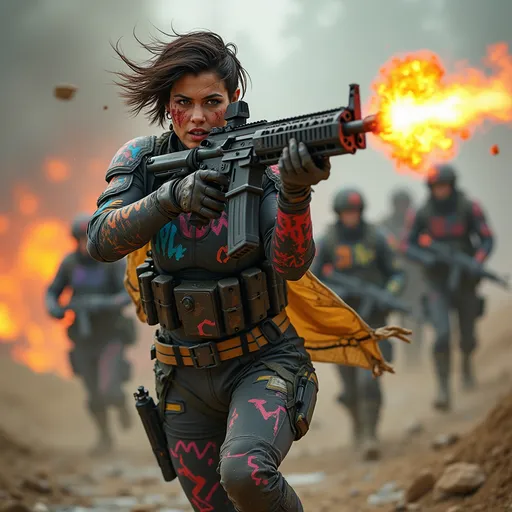 Prompt: (masterpiece), (best quality), (ultra-detailed), (photorealistic), (cinematic lighting), (sharp focus), score_9, score_8_up, score_7_up, beautiful hardened (young woman:2), fierce battle cry, intense eye contact, confident and aggressive body language, athletic muscular build, short tousled hair, smeared face paint, blood and grime from combat, minor bruises and scars, mid-charge action pose, waving her troops into battle.

leading the charge into battle, firing a futuristic energy rifle mid-stride, muzzle flash lighting her multicolored spray-painted armor—graffiti-style hues of neon blue, magenta, orange, and green layered over battle-scarred plating, custom tactical gear strapped on, exosuit enhancements lit up, cape or utility fabric whipping behind her, chaotic sci-fi battlefield around her with explosions, troops following in the blurred background, cinematic motion blur and dust clouds

