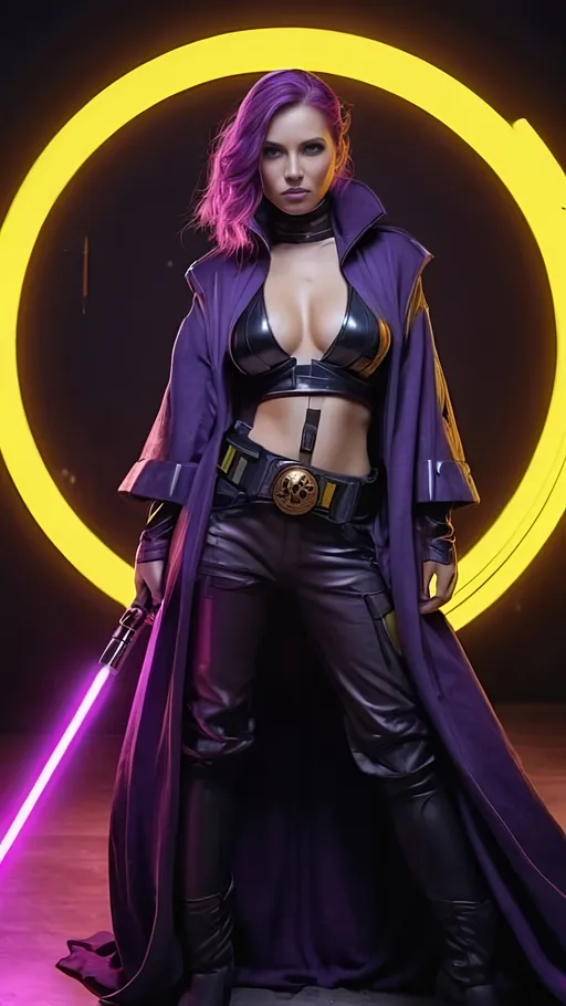 Prompt: a woman in a costume with a sword in her hand and a circle behind her, with a neon light, Eve Ryder, cobra, purple, cyberpunk art