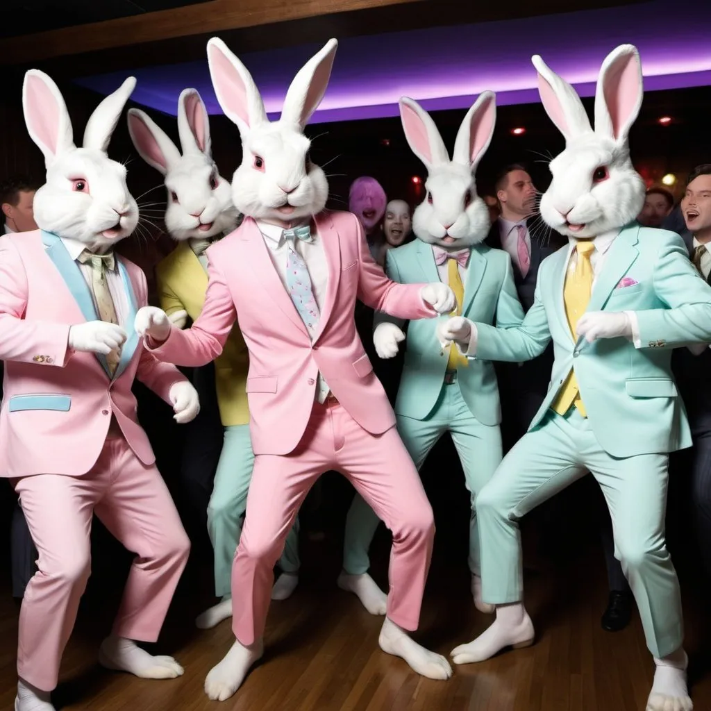 Prompt: A bunch of Easter bunnies that look like human-sized rabbits wearing pastel suits, dancing at a club