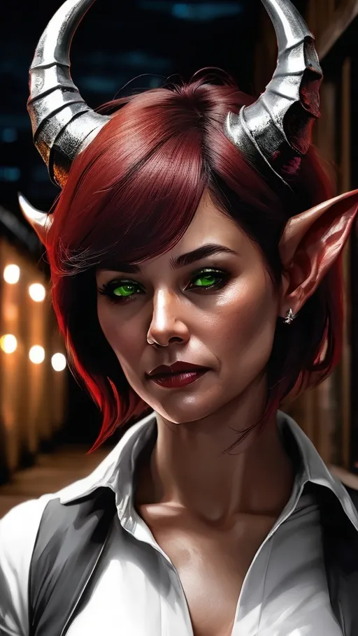 Prompt: score_9, score_8_up, score_7_up, (photorealistic, hyper realistic:1.9), (realistic), convincing, realism, hyper detailed, dramatic lighting, film noir style, (((multiple characters)), (multicolored demon horns:1.6), green eyes, slit pupils, pointy ears, feathered wings, dirty wings, 
BREAK
((2nd girl, ((55yo, MILF:1.8)), disheveled woman, giving up, (silver hair), wrinkled clothes,
standing, (buttoned top), shorts, ripped stockings, medium b00bs, 
((1st girl, 18yo, slim body, flat chest, short, petite, red hair, demon horns, feathered wings, school outfit, bent ,
((In an abandoned warehouse in the city, at night, low lights, shadows)),
