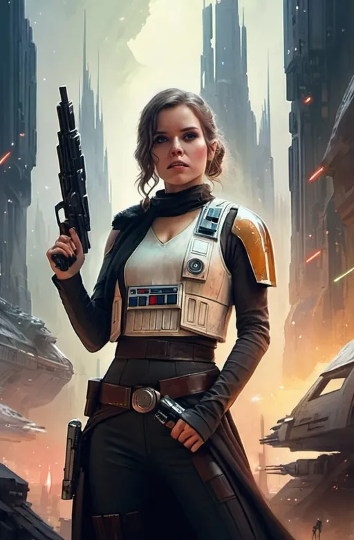 Prompt: a woman in a star wars outfit holding a gun in front of a city with a lot of stars, Aleksi Briclot, antipodeans, promotional image, poster art