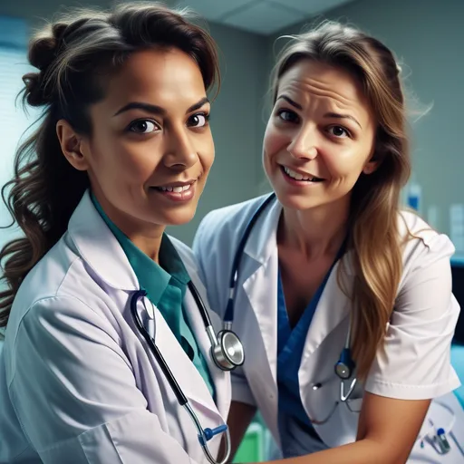 Prompt: 40yo female is teasing the cameraman, wearing doctor uniform that is partially on.

Second girl is a young 24yo female patient with tan-skin-color, getting frisky with the doctor, inappropriate

Hospital room, cinematic lighting, cinematic colors