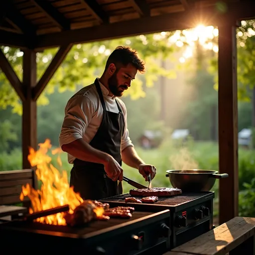 Prompt: Handsome male chef cooking out at a campout in a rustic wooden pavilion