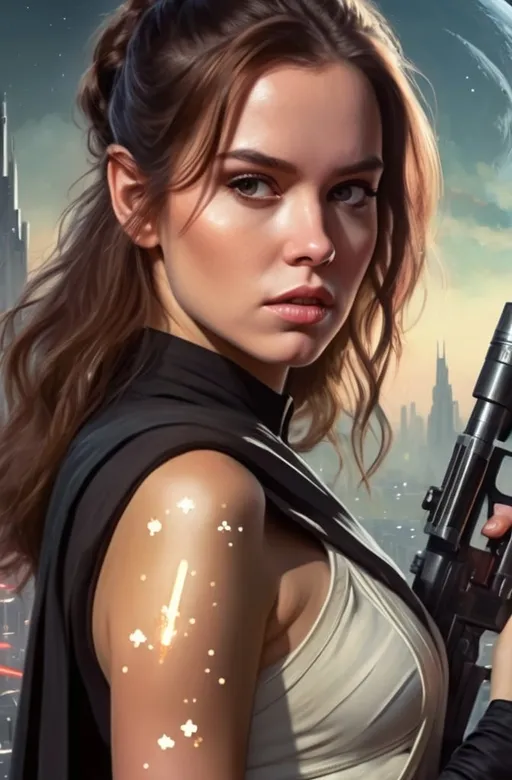 Prompt: a woman in a star wars outfit holding a gun in front of a city with a lot of stars, Aleksi Briclot, antipodeans, promotional image, poster art