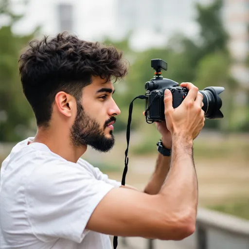 Prompt: A young man use camera 