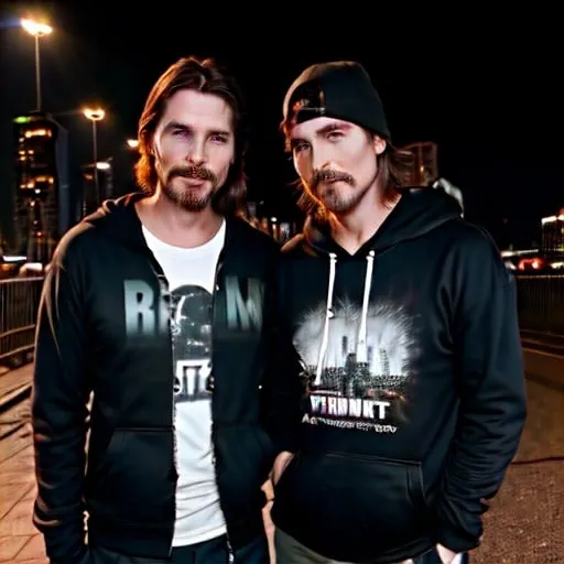 Prompt: christian bale and jin Reno are in the darkness city with hoodie . the background is burned and fire