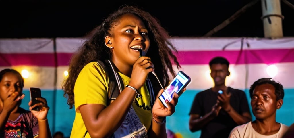 Prompt: In a vibrant outdoor concert setting in Honiara, a young singer stands on stage, illuminated by colorful stage lights. In one hand, she clutches a microphone, and in the other, she holds a cellphone. Her eyes are glued to the phone's screen as she reads the lyrics of the popular song she's covering.

The audience, a mix of enthusiastic locals and curious tourists, watches with mixed reactions. Some are engaged, singing along, while others look slightly distracted, noticing the singer's constant reference to her phone.

Nearby, a local band accompanies her, their energy palpable as they play their instruments with passion. The singer occasionally looks up to smile at the audience but quickly returns her gaze to the phone, ensuring she doesn't miss a word.