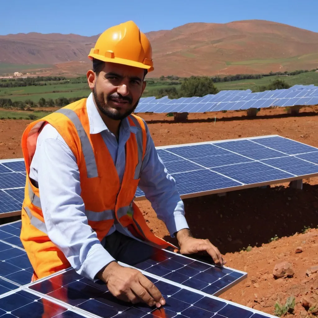 Prompt: moroccan engineer operating a solar farm from the hills 