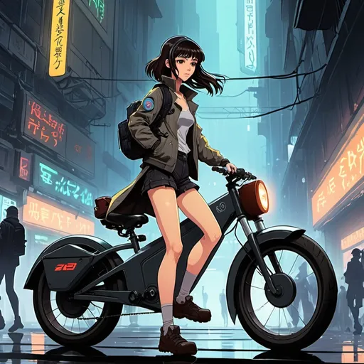 Prompt: 2d bladerunner anime style, university girl on ebike, 