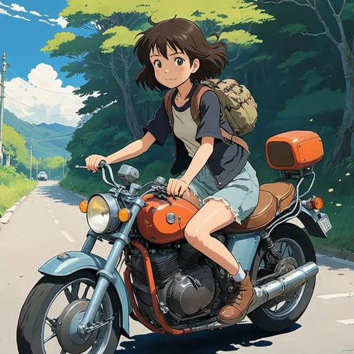 Prompt: 2d studio ghibli anime style, girl on motorcycle, anime scene