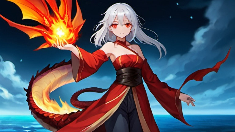 Prompt: A girl with white hair, red eyes, wearing a thin cloth. and fire mage My pet is a fire dragon. full view She floats in the sky Above the sea at night, casting fire magic. The picture is anime