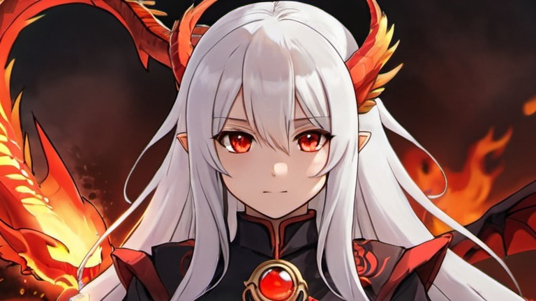 Prompt: A girl with white hair, red eyes, and a fire mage. My pet is a fire dragon. full view The picture is anime