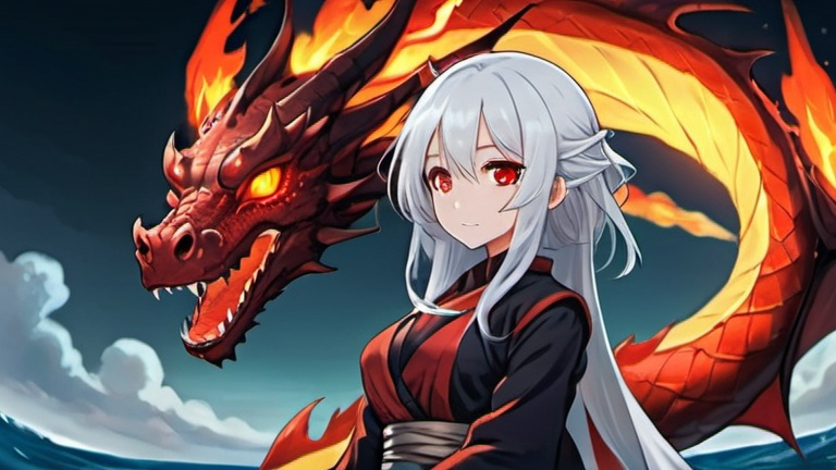 Prompt: A girl with white hair, red eyes, wearing a thin cloth. and fire mage My pet is a fire dragon. full view She floats in the sky Above the sea at night, casting fire magic. The picture is anime