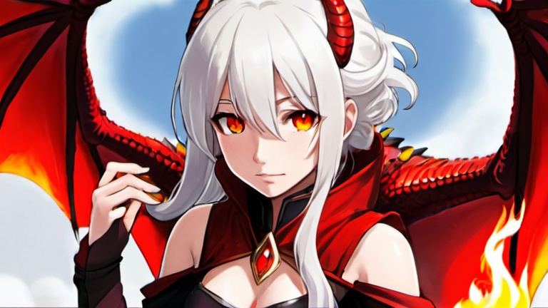 Prompt: A girl with white hair, red eyes, and a fire mage. My pet is a fire dragon. full view The picture is anime