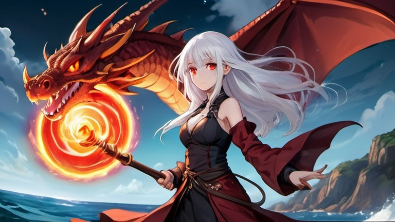 Prompt: A young woman with long white hair, red eyes, thinly clothed, wields a magician's staff and is a fire mage. The girl's pet is a fire dragon. Full view. She floats in the sky. Above the sea at night, casting fire spells, there is a red magic ring. The picture is anime