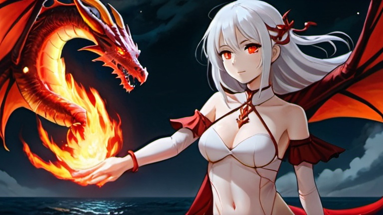 Prompt: A girl with white hair, red eyes, wearing a thin cloth. and fire mage My pet is a fire dragon. full view She floats in the sky Above the sea at night, casting fire magic. The picture is anime