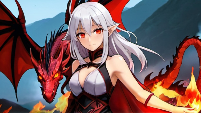 Prompt: A girl with white hair, red eyes, and a fire mage. My pet is a fire dragon. full view The picture is anime