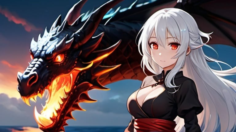 Prompt: A girl with white hair, red eyes, wearing a thin cloth. and fire mage My pet is a fire dragon. full view She floats in the sky Above the sea at night, casting fire magic. The picture is anime