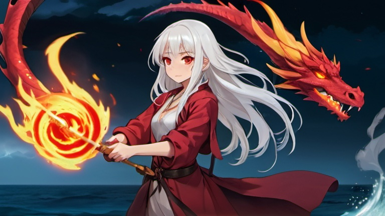 Prompt: A young woman with long white hair, red eyes, thinly clothed, wields a magician's staff and is a fire mage. The girl's pet is a fire dragon. Full view. She floats in the sky. Above the sea at night, casting fire spells, there is a red magic ring. The picture is anime