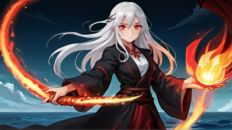 Prompt: A young woman with long white hair, red eyes, thinly clothed, wields a magician's staff and is a fire mage. The girl's pet is a fire dragon. Full view. She floats in the sky. Above the sea at night, casting fire spells, there is a red magic ring. The picture is anime