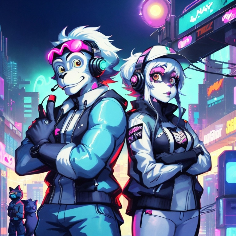 Prompt: a couple of cartoon characters standing next to each other in front of a cityscape with neon lights, artist, furry art, official art, cyberpunk art. This couple is members of the virtual band Snowmonkeyblues . He is called monkey, and she is called snow