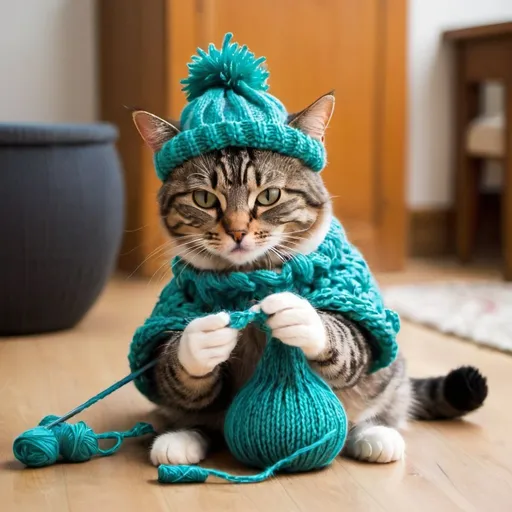 Prompt: funny cat knitting a hat