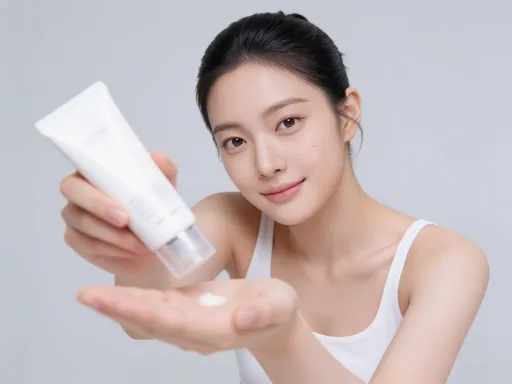Prompt: Một bức ảnh chân dung góc trung bình, chân thực của một người mẫu nữ trẻ người Đông Á với làn da căng bóng, rạng rỡ (kiểu glass skin). Cô ấy búi tóc đen gọn gàng, mặc áo hai dây màu trắng đơn giản. Người mẫu hơi nghiêng người, tay phải cầm một tuýp kem dưỡng da màu trắng có nhãn hiệu rõ ràng, tay trái đỡ phía dưới, hướng sản phẩm về phía người xem. Tay trái của cô ấy vươn về phía tiền cảnh và hơi mờ để tạo hiệu ứng chiều sâu (depth of field). Ánh sáng phòng studio mềm mại, tôn da, phông nền màu xám nhẹ, đơn giản. Phối cảnh tập trung vào sản phẩm và gương mặt tươi tắn của người mẫu.