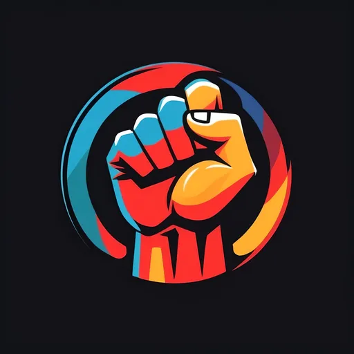 Prompt: You are creating a colorful logo.

Make the logo on a dark background.

The logo represents a fist punching the viewer in a red cirlce saying "stop".

Make the logo modern and cartoony.
