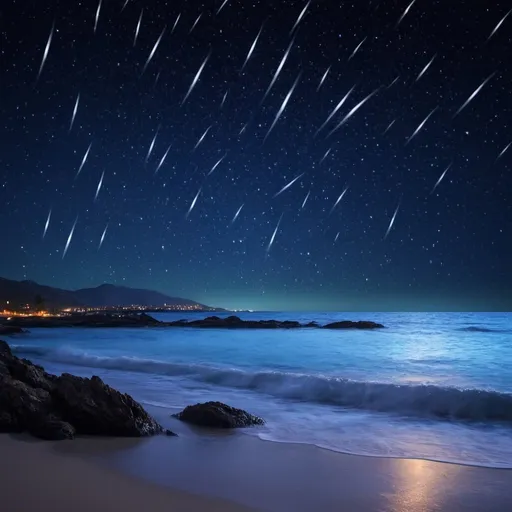 Prompt: shooting stars ocean night lights