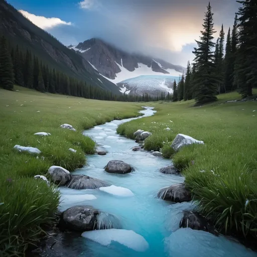Prompt: meadow ice mountain stream