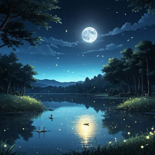 Prompt: moon background lake fireflies anime