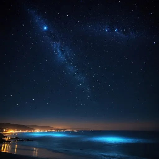 Prompt: ocean night lights night sky stars
