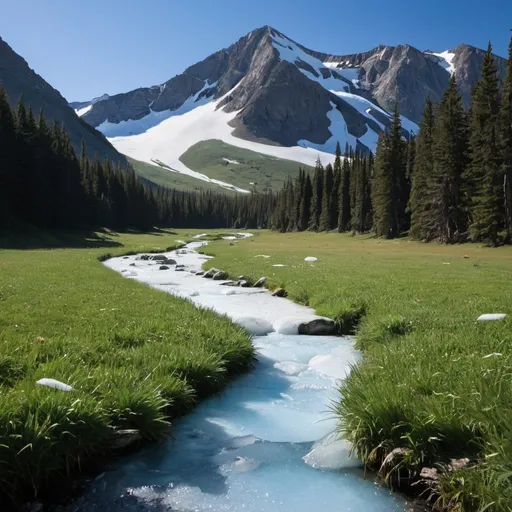 Prompt: meadow ice mountain stream