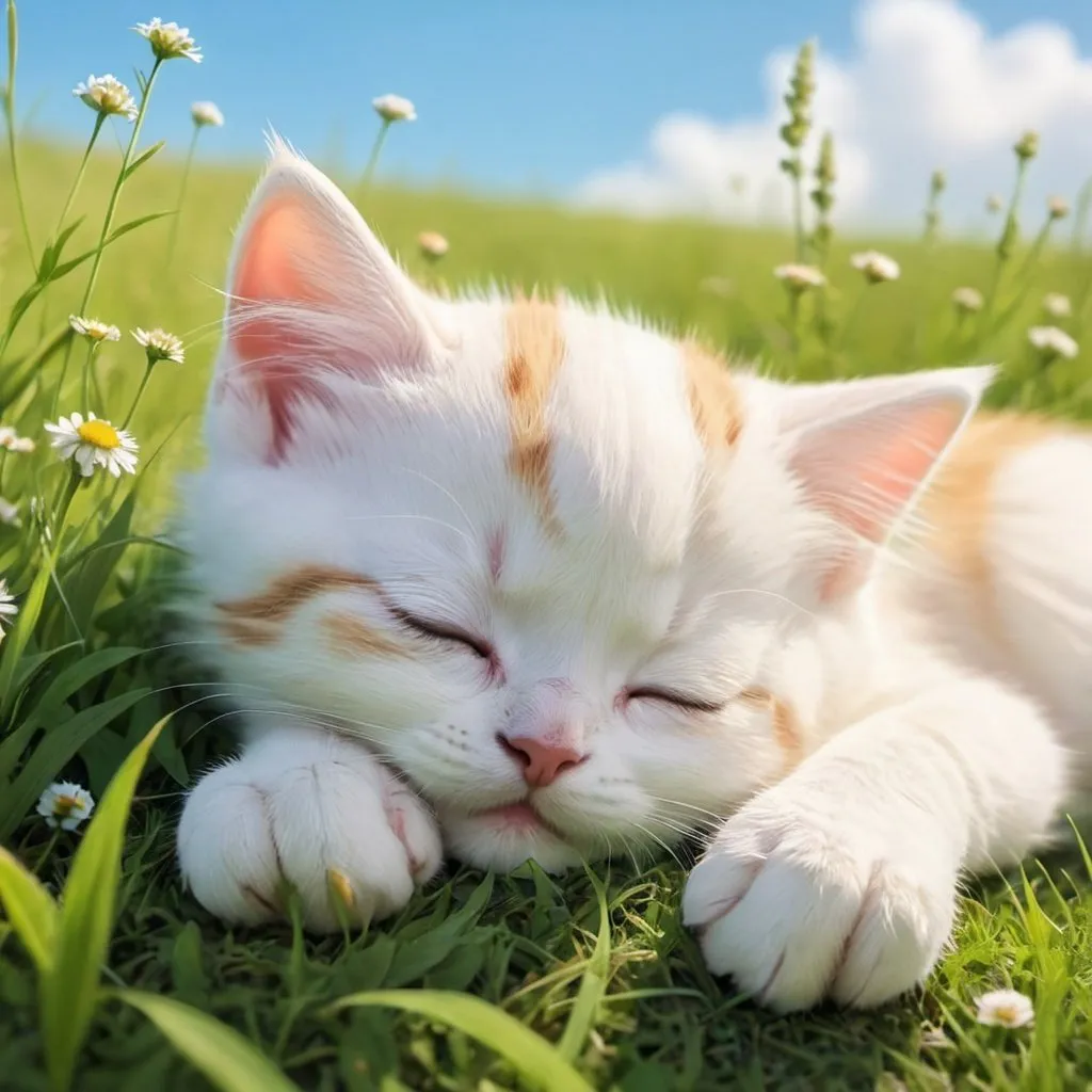 Prompt: anime kitten sleeping overlooking meadow