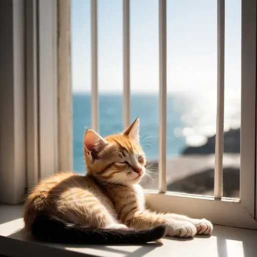Prompt: kitten sleeping by the window sunlight sea view