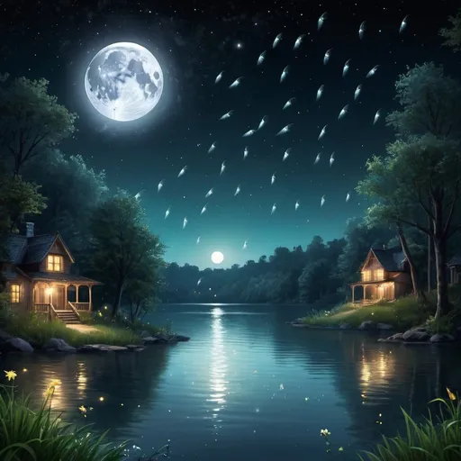 Prompt: moon background lake fireflies fantasy