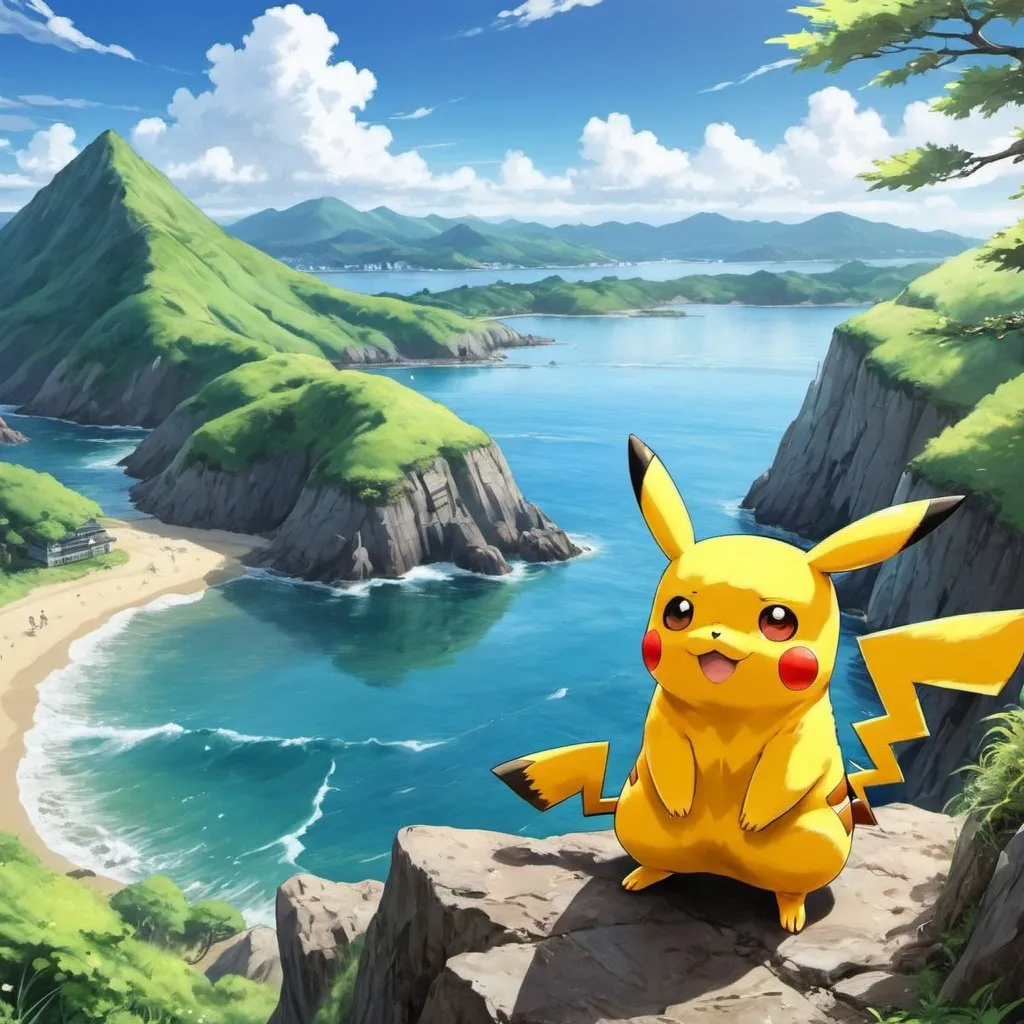 Prompt: anime pikachu enjoy sea mountain view