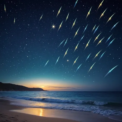 Prompt: shooting stars ocean night lights