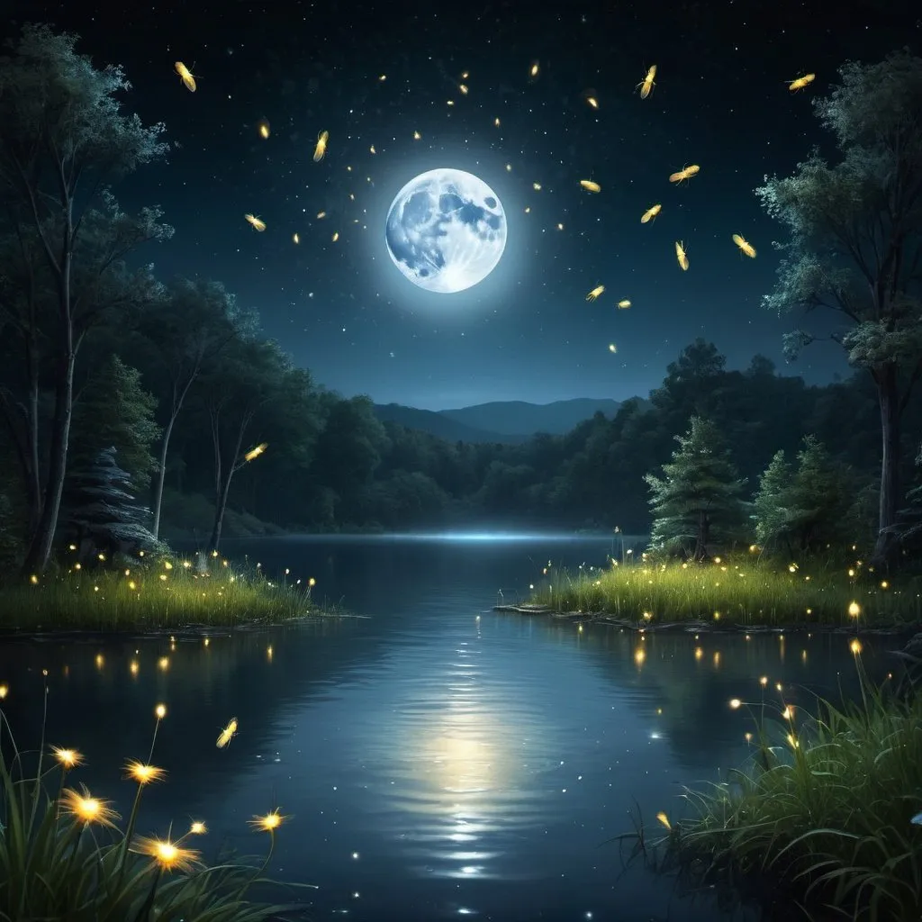 Prompt: moon background lake fireflies fantasy