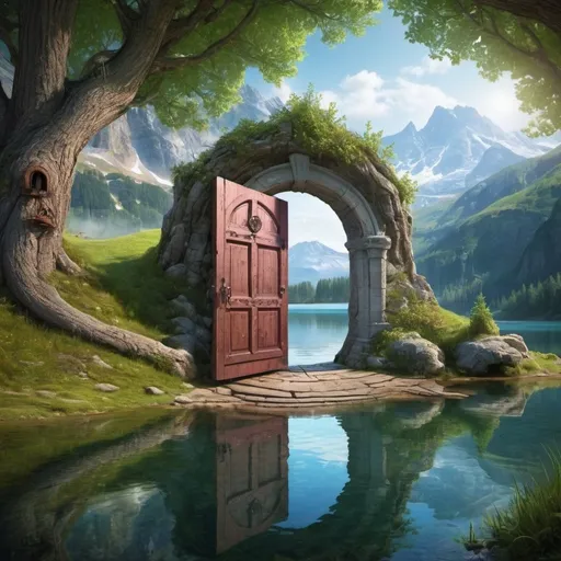 Prompt: fantasy magical door lake