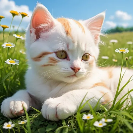 Prompt: anime kitten sleeping overlooking meadow