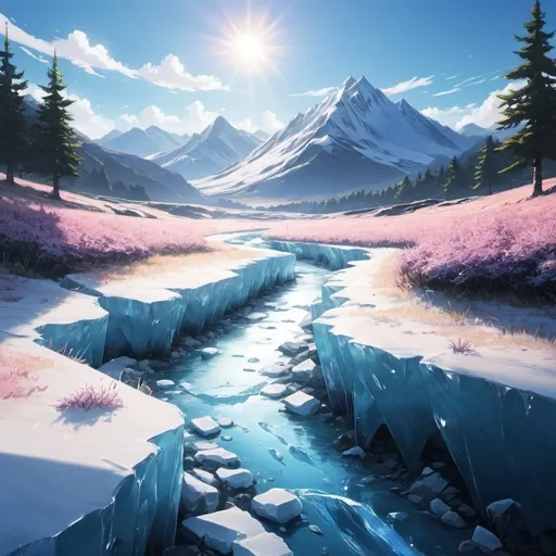 Prompt: anime meadow ice mountain stream sunlight streaming in distance