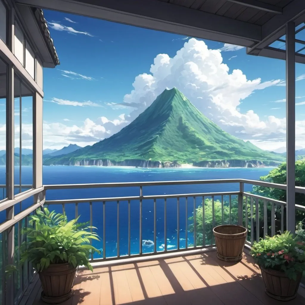 Prompt: anime ocean mountain balcony view paradise
