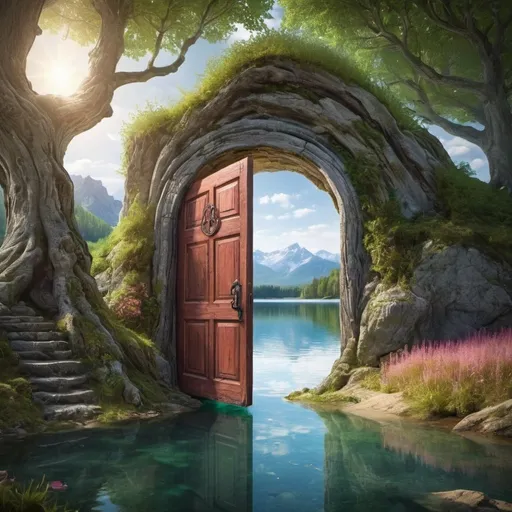 Prompt: fantasy magical door lake