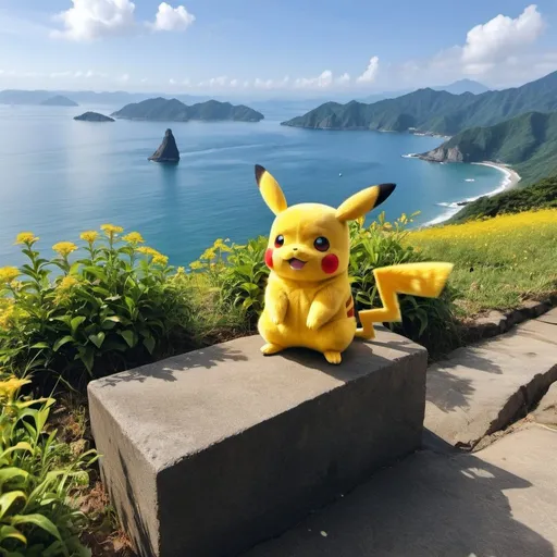 Prompt: pikachu enjoy sea mountain view