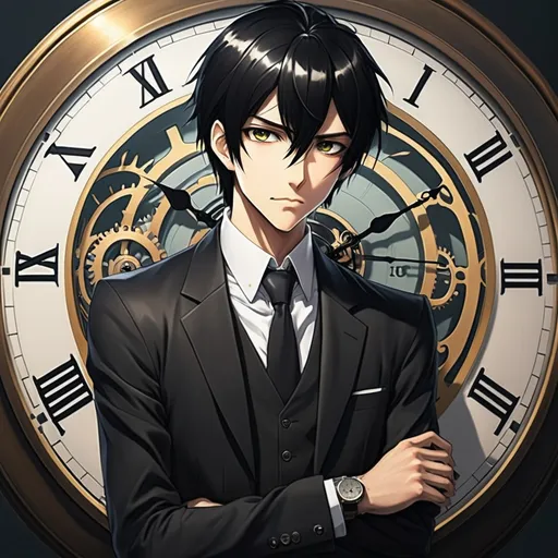 Prompt: anime ,tall handsome black haired in a clock
