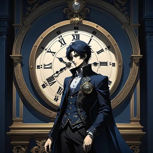 Prompt: (tall handsome figure), anime style, (dark theme), mysterious atmosphere, wearing a beautifully detailed clock, deep shadows highlighting sharp features, dramatic lighting enhances the overall sense of intrigue, somber color palette with muted blues and blacks, captivating background that complements the character, ultra-detailed, high-quality image, evokes a sense of mystery and elegance in a palace.